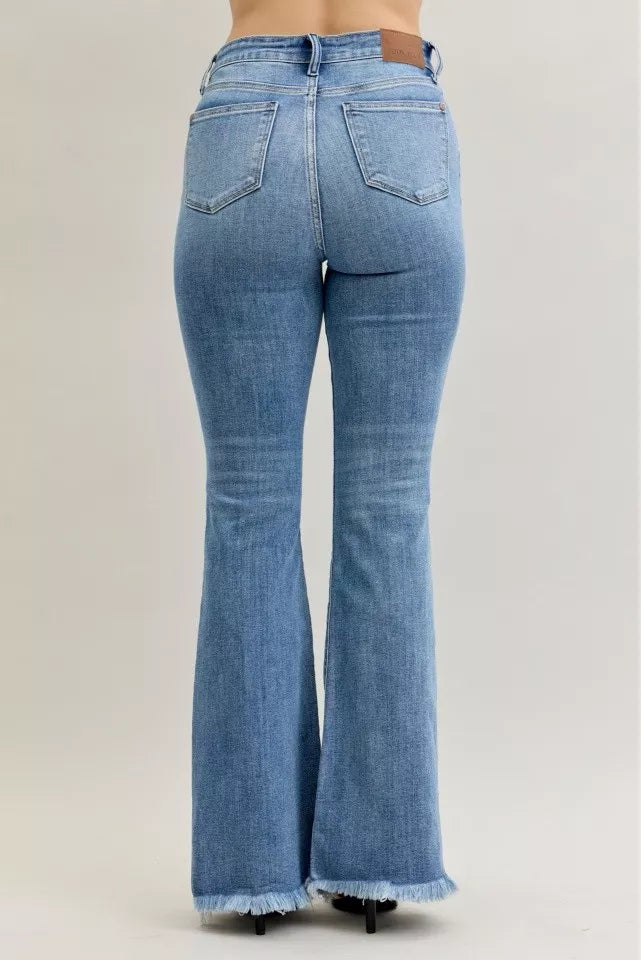 High Waist Flare Fray Hem Jeans with Front Pintuck Detail