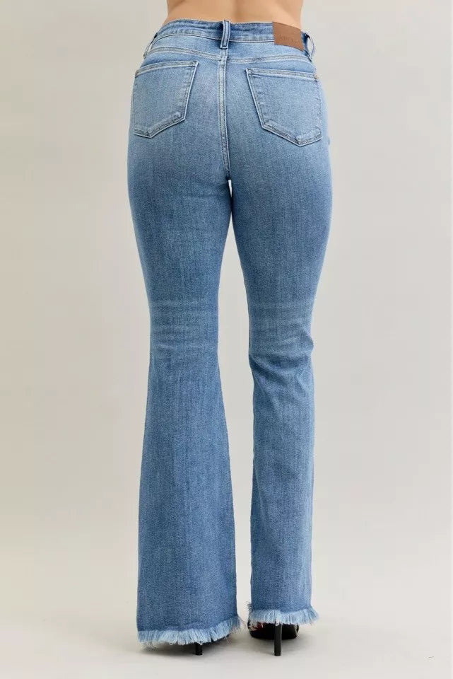 High Waist Flare Fray Hem Jeans with Front Pintuck Detail