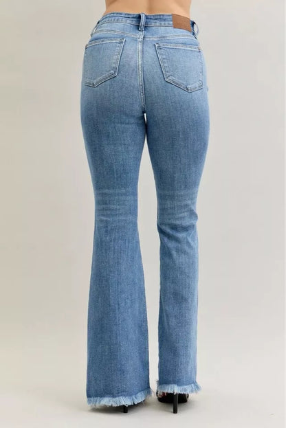 High Waist Flare Fray Hem Jeans with Front Pintuck Detail