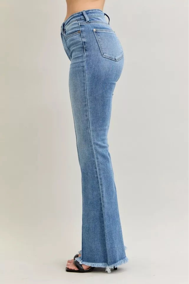 High Waist Flare Fray Hem Jeans with Front Pintuck Detail