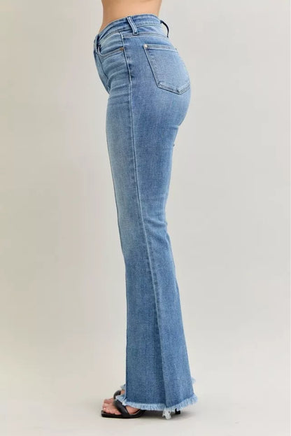 High Waist Flare Fray Hem Jeans with Front Pintuck Detail
