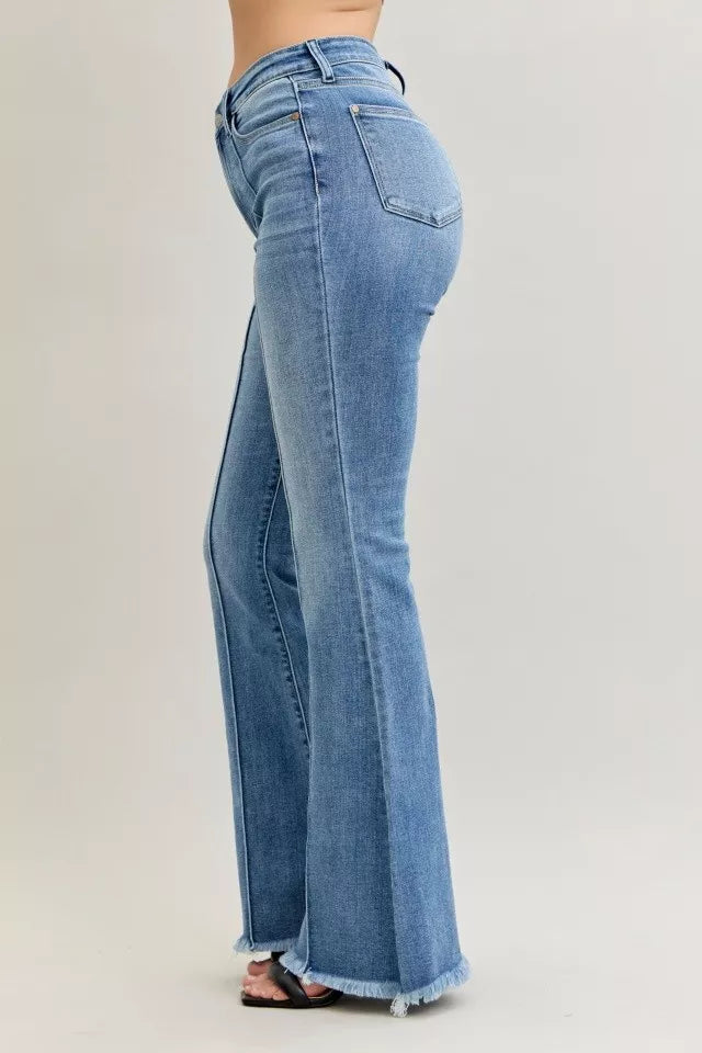 High Waist Flare Fray Hem Jeans with Front Pintuck Detail