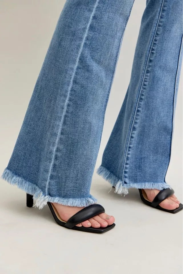 High Waist Flare Fray Hem Jeans with Front Pintuck Detail