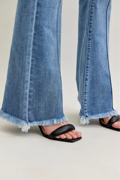 High Waist Flare Fray Hem Jeans with Front Pintuck Detail