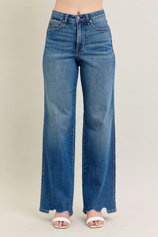 High Waist Tummy Control Chew Hem Destroy Wide Jeans