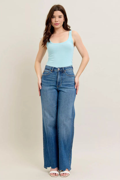 High Waist Tummy Control Chew Hem Destroy Wide Jeans