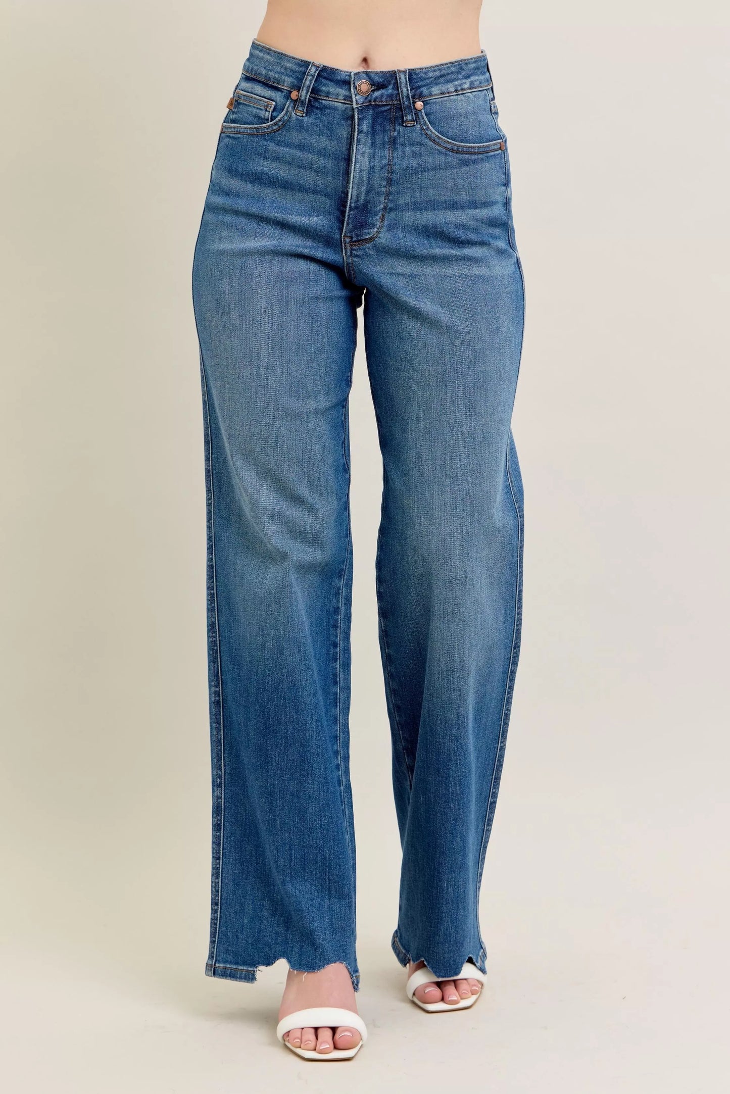 High Waist Tummy Control Chew Hem Destroy Wide Jeans