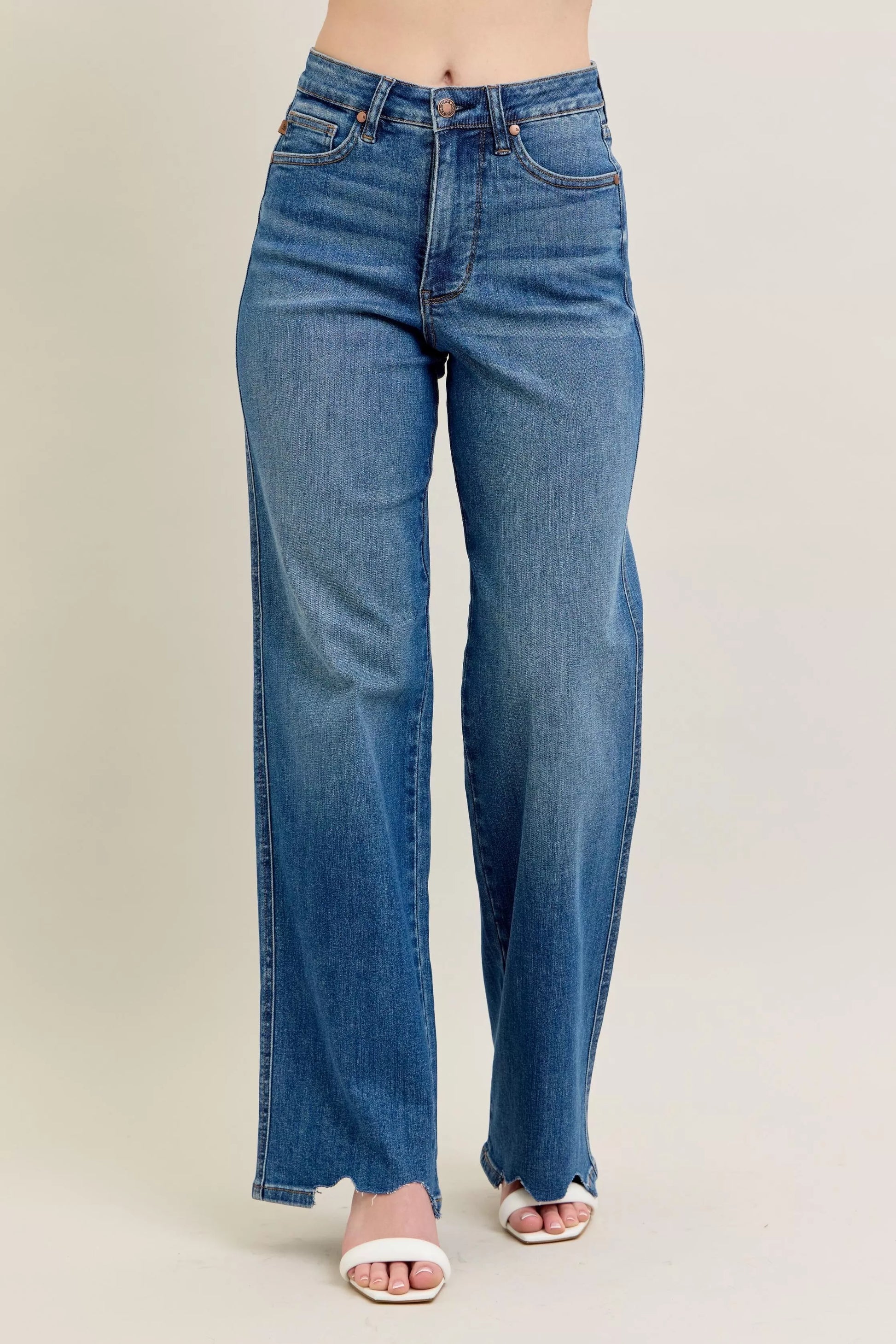 High Waist Tummy Control Chew Hem Destroy Wide Jeans