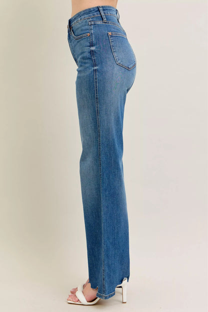 High Waist Tummy Control Chew Hem Destroy Wide Jeans