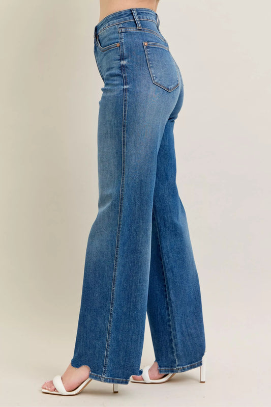 High Waist Tummy Control Chew Hem Destroy Wide Jeans