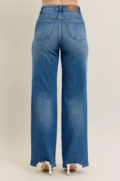 High Waist Tummy Control Chew Hem Destroy Wide Jeans