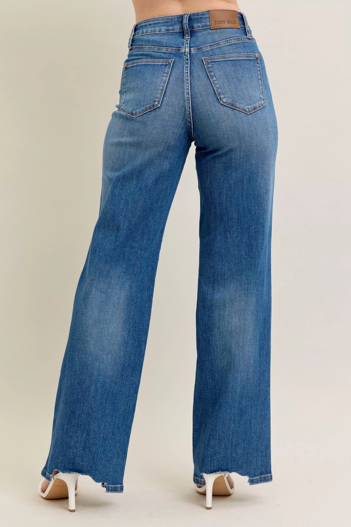 High Waist Tummy Control Chew Hem Destroy Wide Jeans