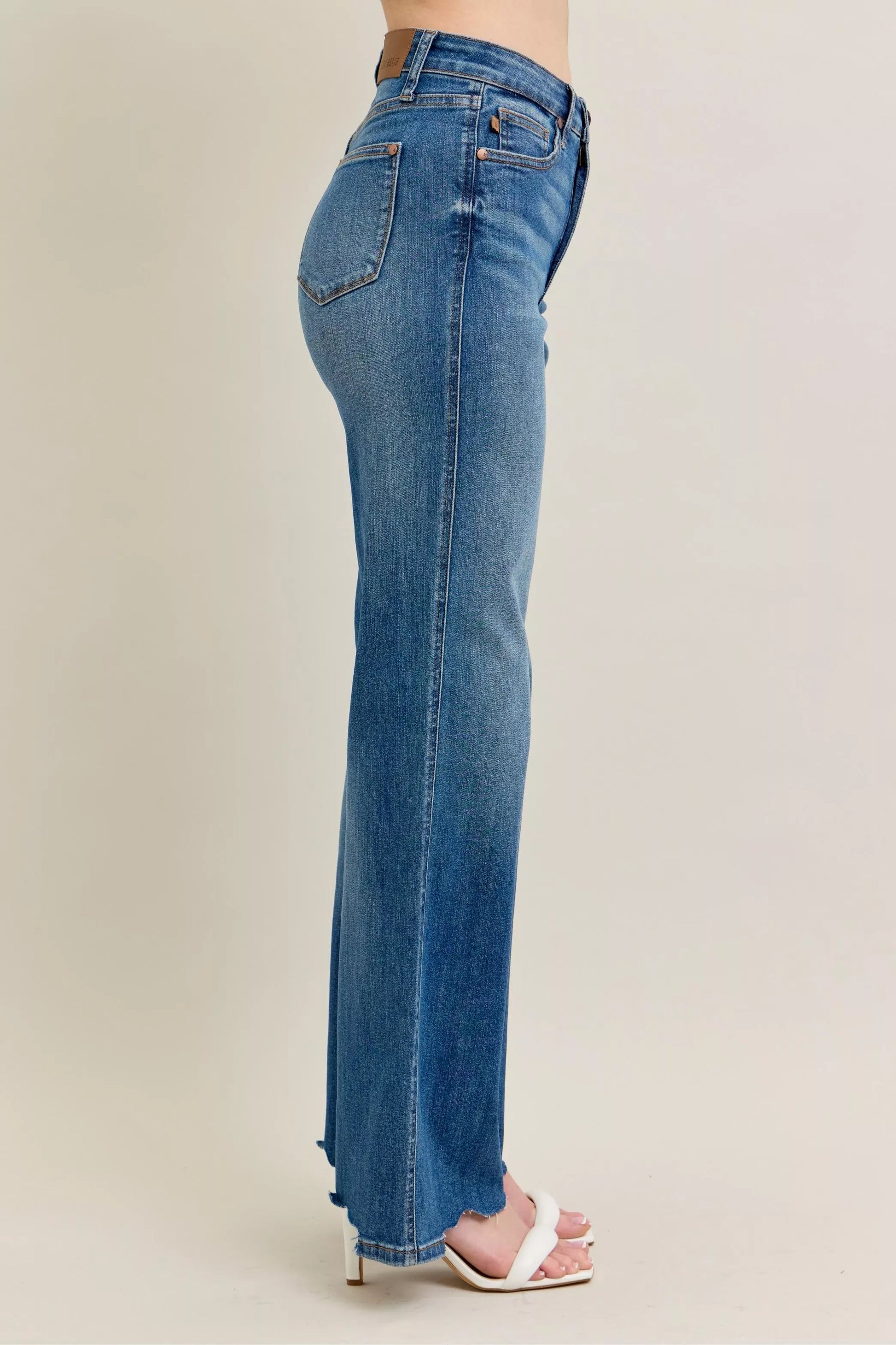 High Waist Tummy Control Chew Hem Destroy Wide Jeans
