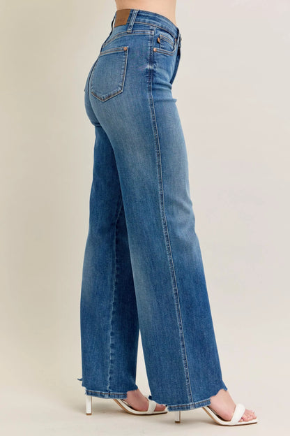 High Waist Tummy Control Chew Hem Destroy Wide Jeans