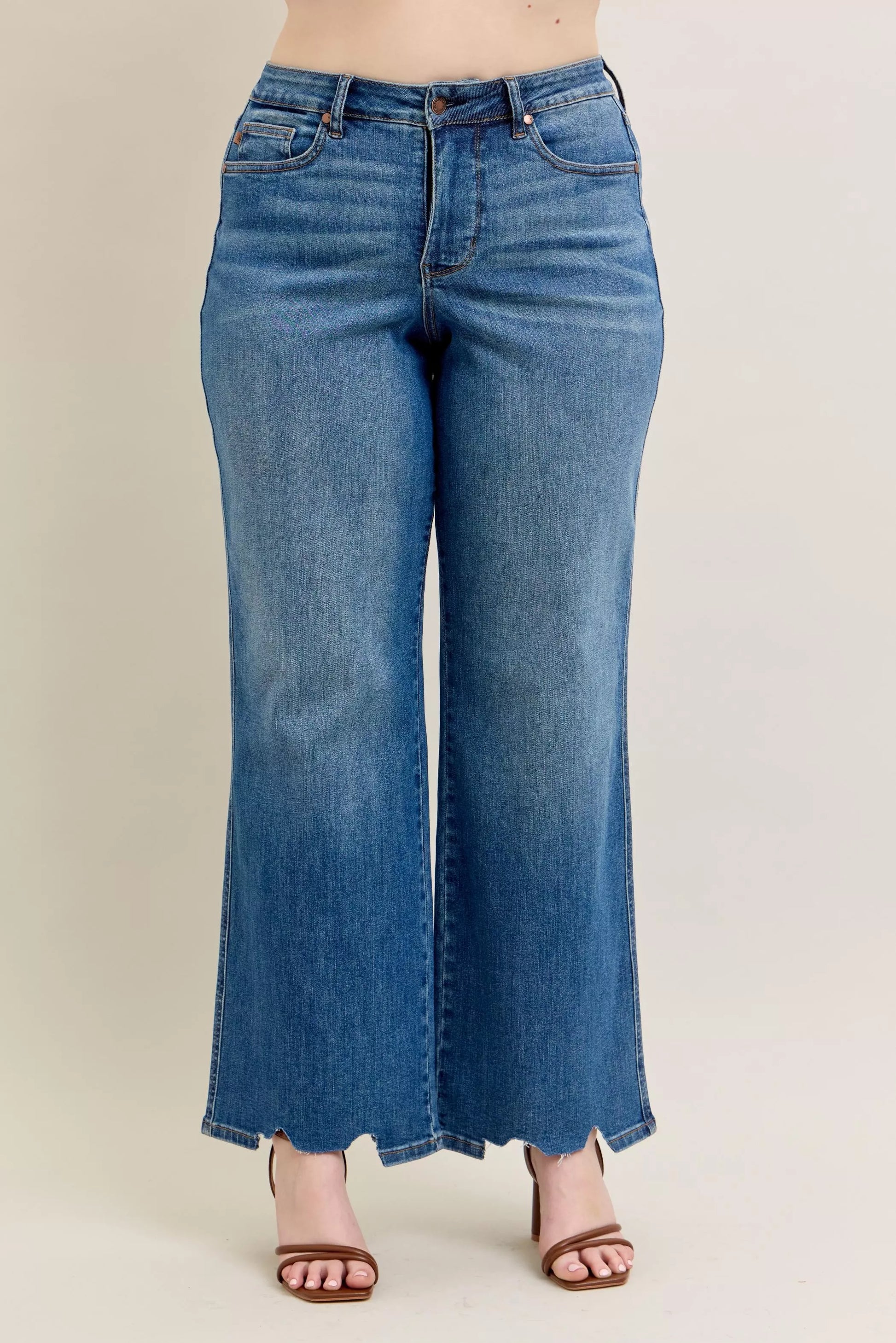 High Waist Tummy Control Chew Hem Destroy Wide Jeans plus