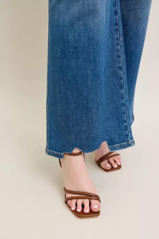 High Waist Tummy Control Chew Hem Destroy Wide Jeans plus