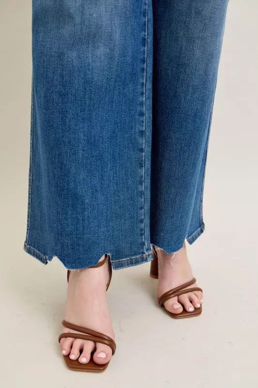 High Waist Tummy Control Chew Hem Destroy Wide Jeans plus 2