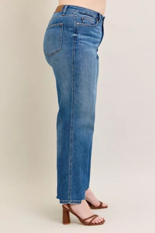 High Waist Tummy Control Chew Hem Destroy Wide Jeans