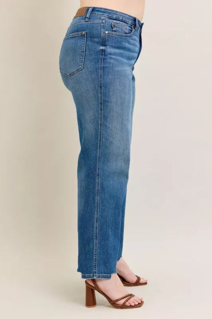 High Waist Tummy Control Chew Hem Destroy Wide Jeans