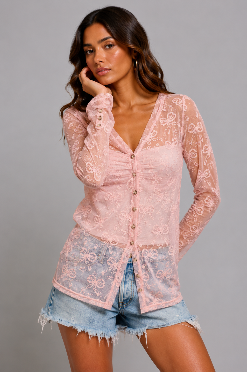 Kaia Bow V-Neck Mesh Cardigan Top