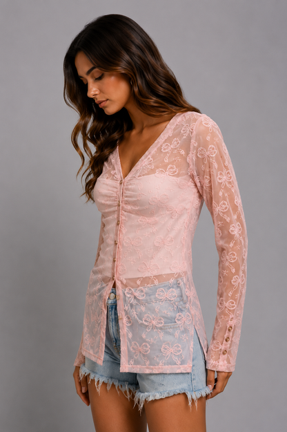 Kaia Bow V-Neck Mesh Cardigan Top