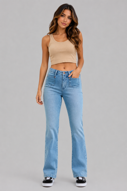 Raelynn Mid Rise Bootcut Jeans with Front Patch Pockets