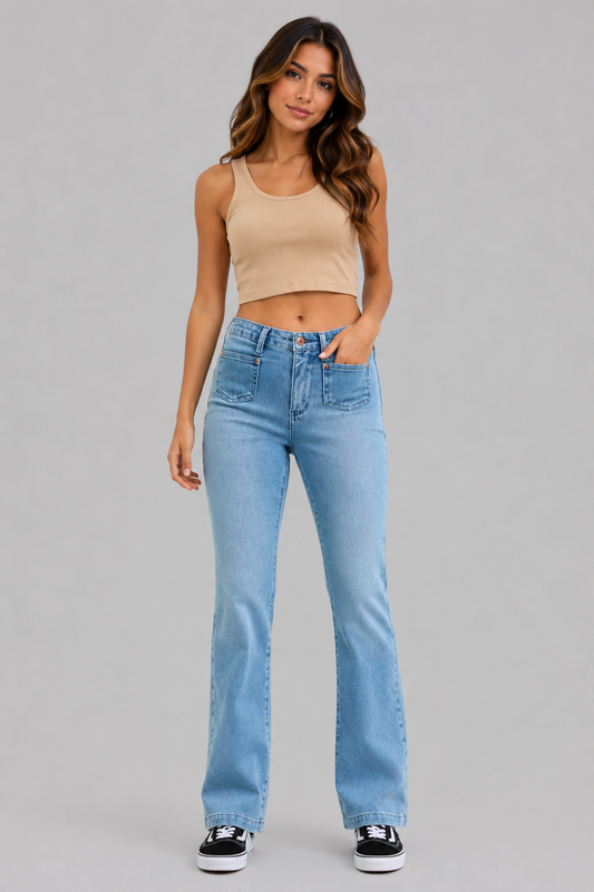 Raelynn Mid Rise Bootcut Jeans with Front Patch Pockets