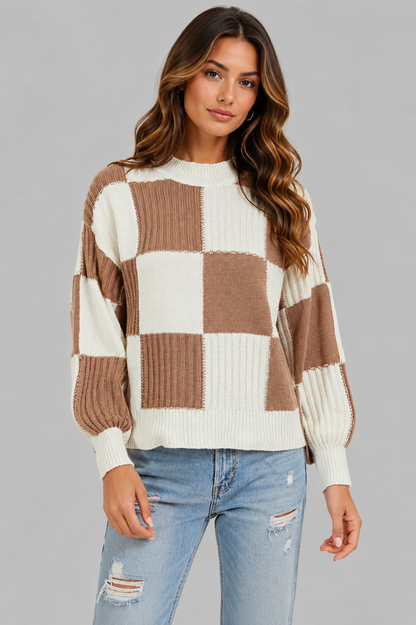 Bella Ribbed Color Block Checkered Sweater