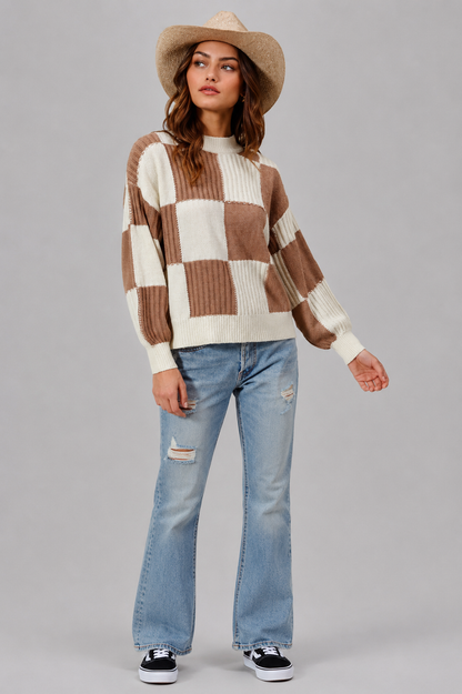 Bella Ribbed Color Block Checkered Sweater