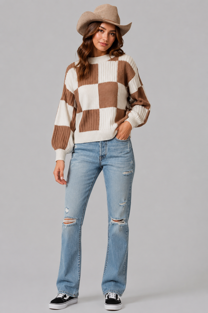 Bella Ribbed Color Block Checkered Sweater