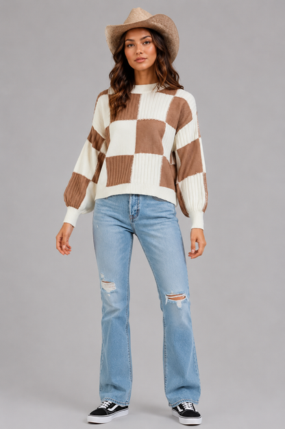 Bella Ribbed Color Block Checkered Sweater