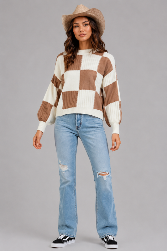 Bella Ribbed Color Block Checkered Sweater