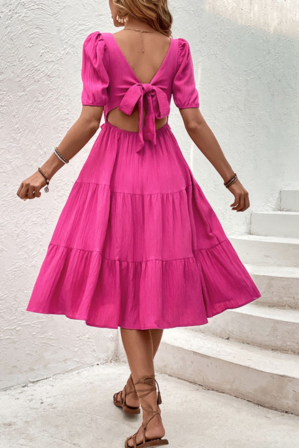 Indra Hot Pink Bohemian Square Neck Puff Sleeve Cutout Dress