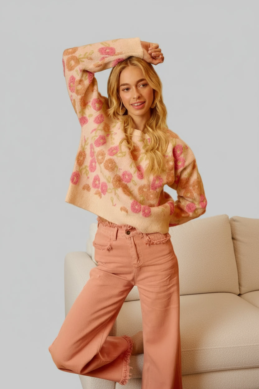 Isla Boho Terry Texture Floral Sweater