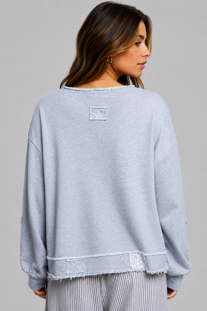 Isla Crochet Patchwork Open V-Neck Sweatshirt 
