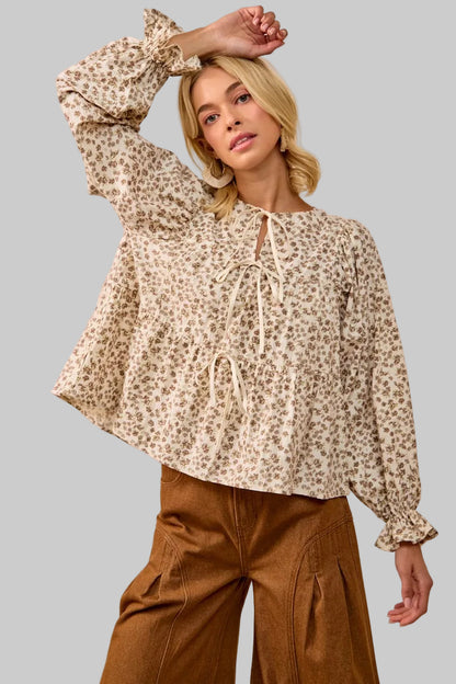 Ivy Western Boho Floral Printed Peplum Blouse with Shirring and Tied