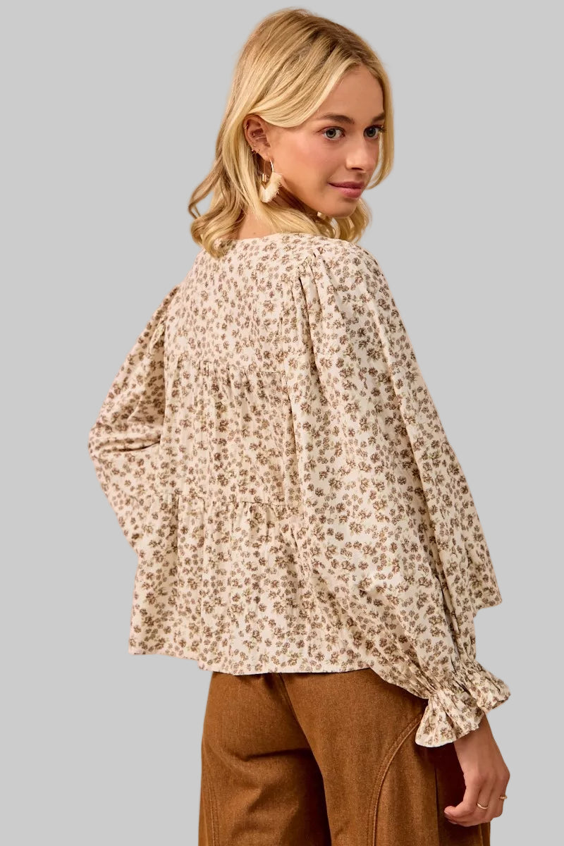 Ivy Western Boho Floral Printed Peplum Blouse with Shirring and Tied