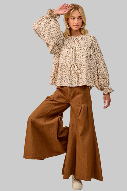 Ivy Western Boho Floral Printed Peplum Blouse with Shirring and Tied