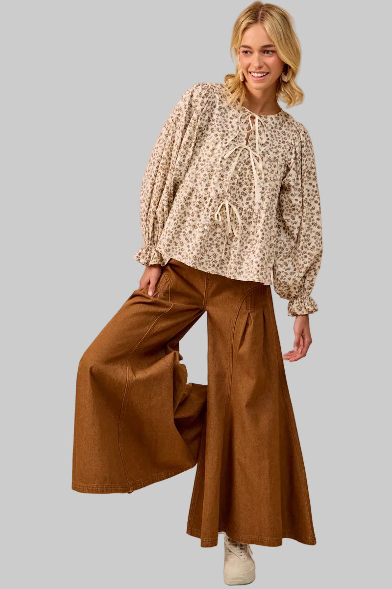 Ivy Western Boho Floral Printed Peplum Blouse with Shirring and Tied