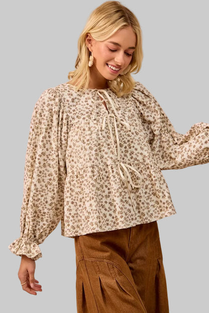 Ivy Western Boho Floral Printed Peplum Blouse with Shirring and Tied