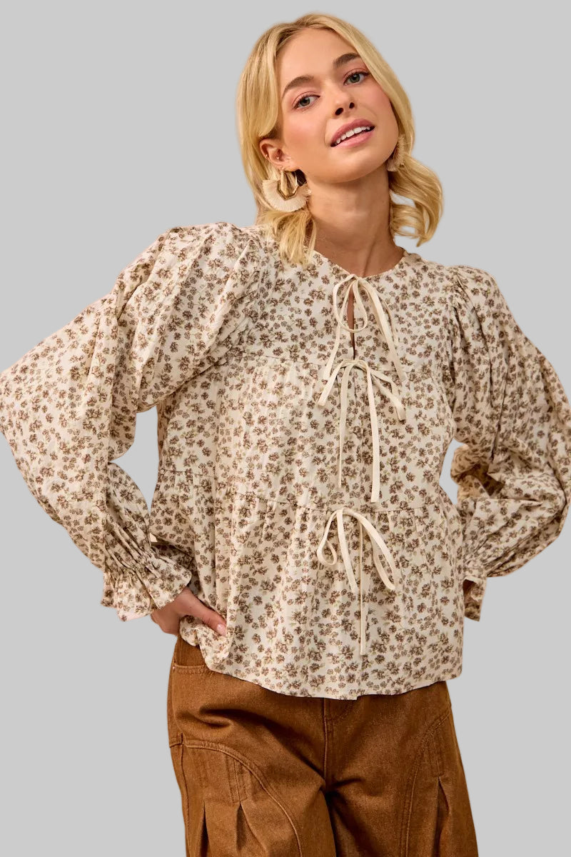 Ivy Western Boho Floral Printed Peplum Blouse with Shirring and Tied