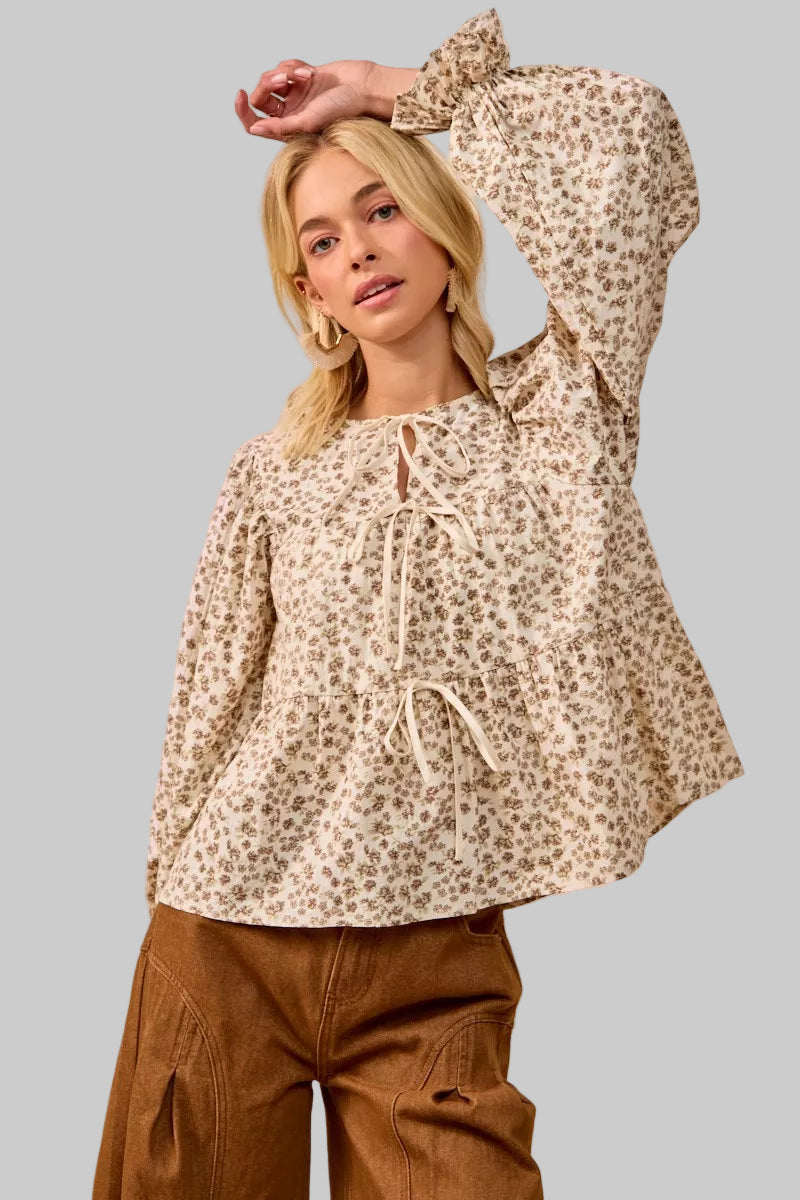 Ivy Western Boho Floral Printed Peplum Blouse with Shirring and Tied