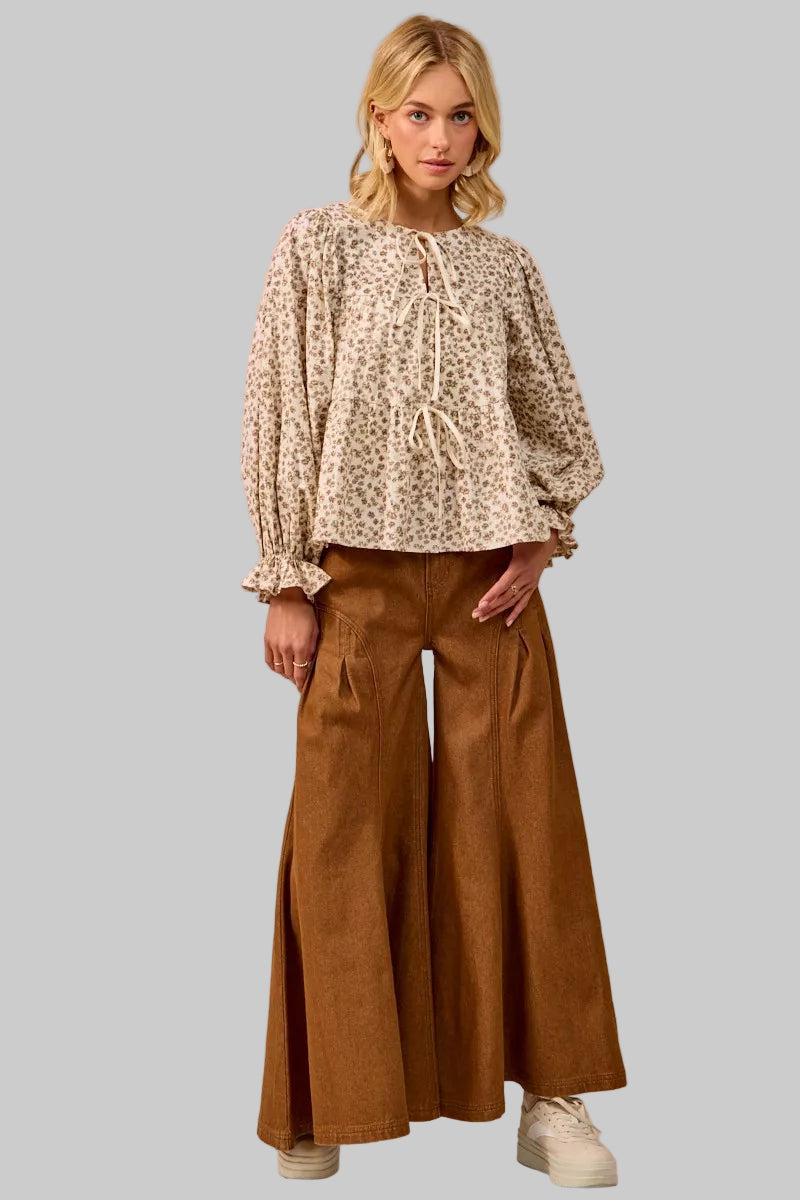 Ivy Western Boho Floral Printed Peplum Blouse with Shirring and Tied