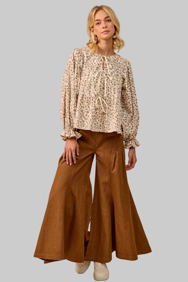 Ivy_Western Boho Floral Printed Peplum Blouse with Shirring and Tied