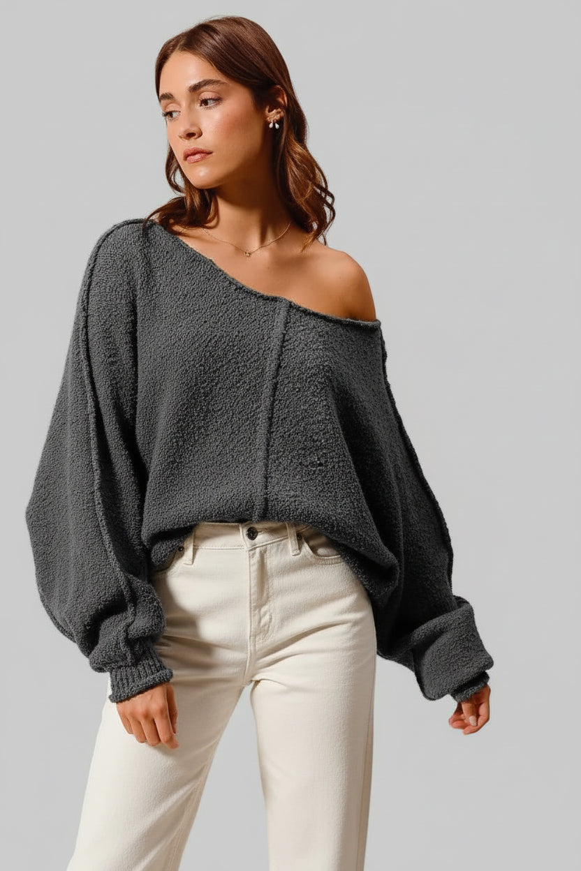 Jacky Grey Boho Slouchy Boucle Sweater