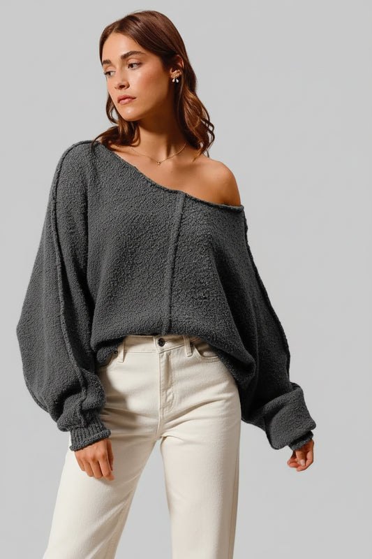 Jacky Grey Boho Slouchy Boucle Sweater