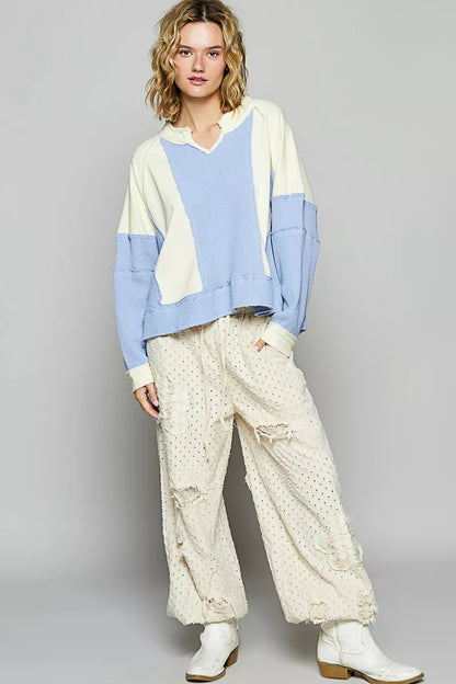 Jaclyn Boho Color Block Waffle Knit Sweatshirt