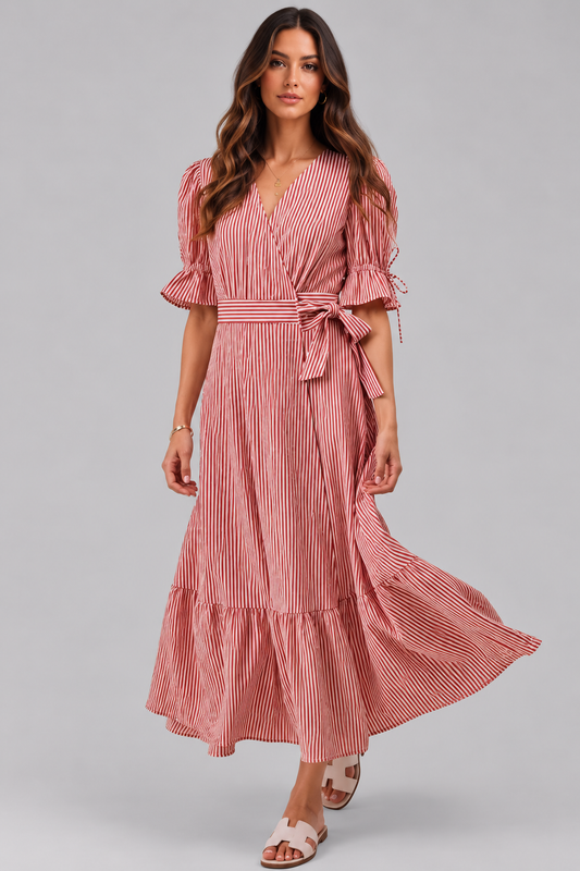 Jaslyn Stripe V Neck Wrap Midi Dres