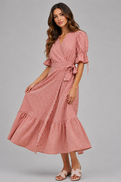 Jaslyn Stripe V Neck Wrap Midi Dres