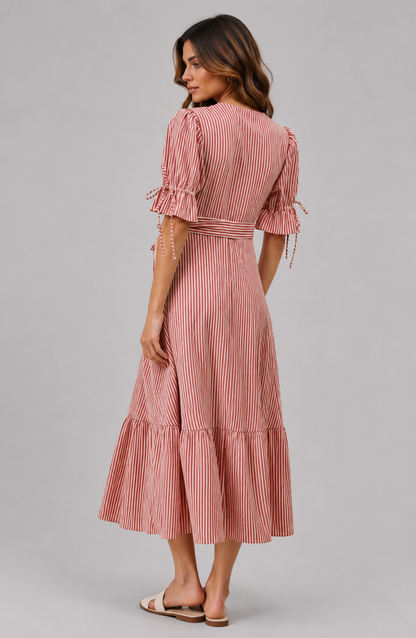 Jaslyn Stripe V Neck Wrap Midi Dres